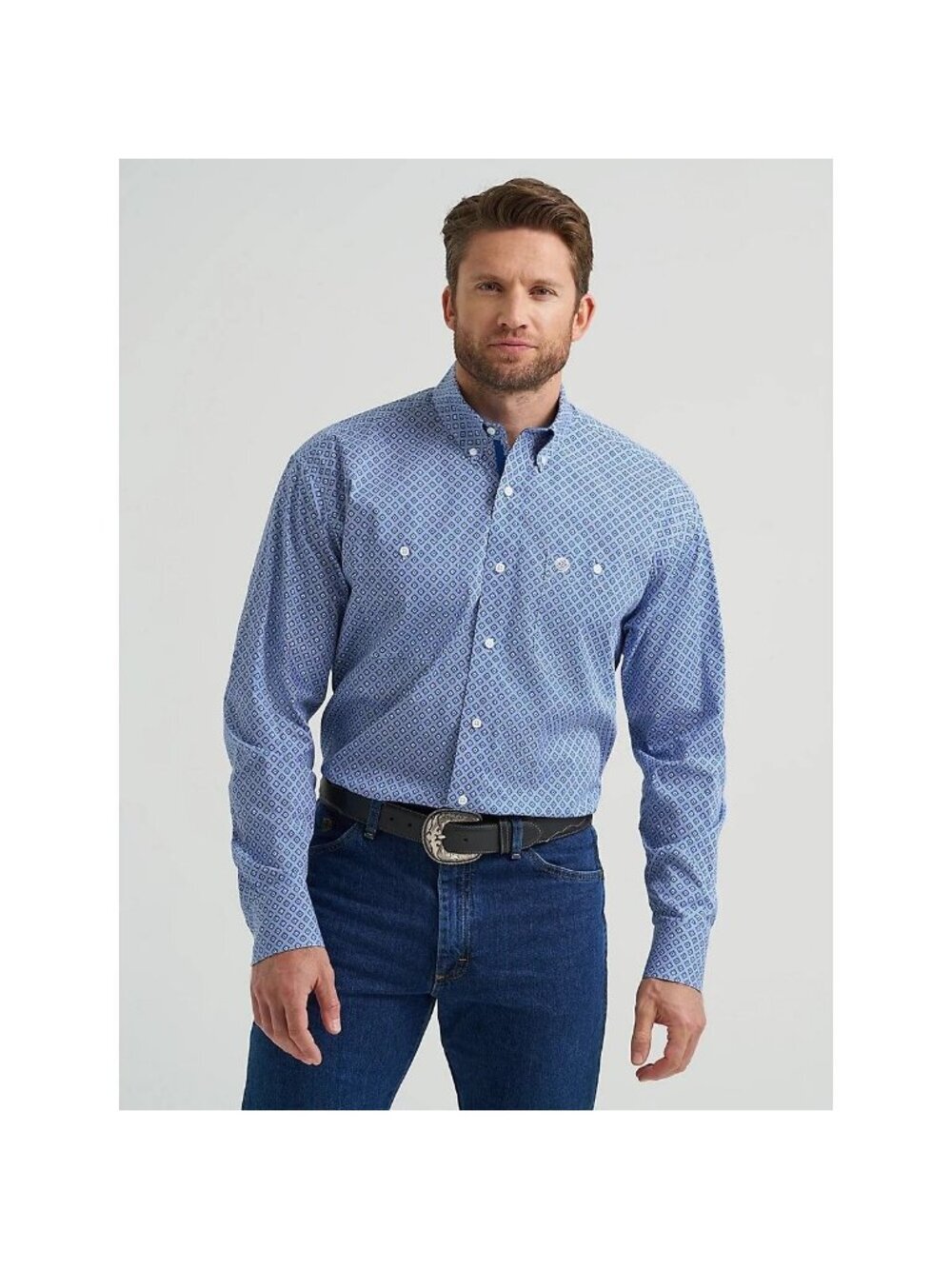 Wrangler George Strait Men's Relaxed Fit Long Sleeve Geo Print Button Shirt Blue